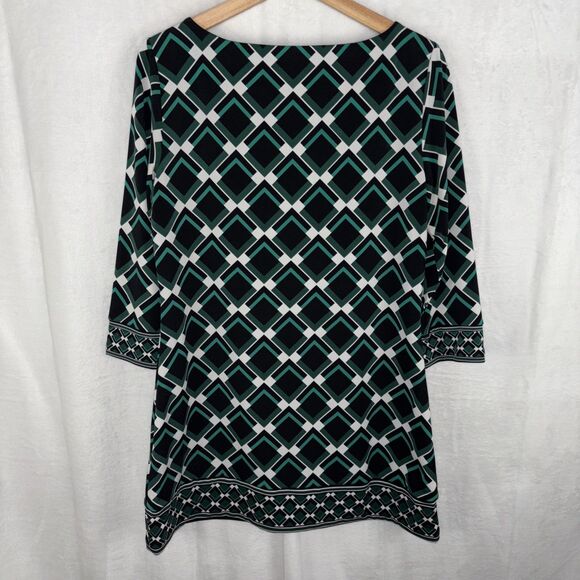 Geometric Artsy Tunic Shift Dress Black Green White 3/4 Sleeve Womens Medium - Picture 5 of 6